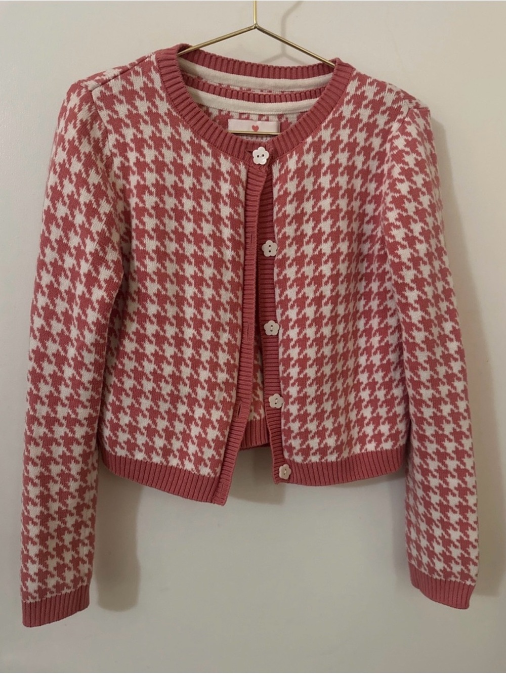 Girls Pink Houndstooth 2-Piece Knit Sweater Set | Cardigan & Vest | Size 7/8